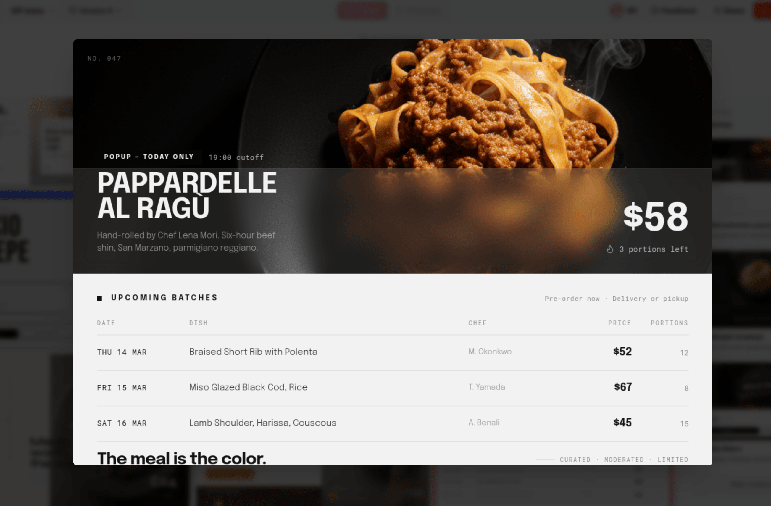 Mowgli moodboard direction — "Monochrome Luxury", dark surfaces, "PAPPARDELLE AL RAGU" in bold type, upcoming batches table