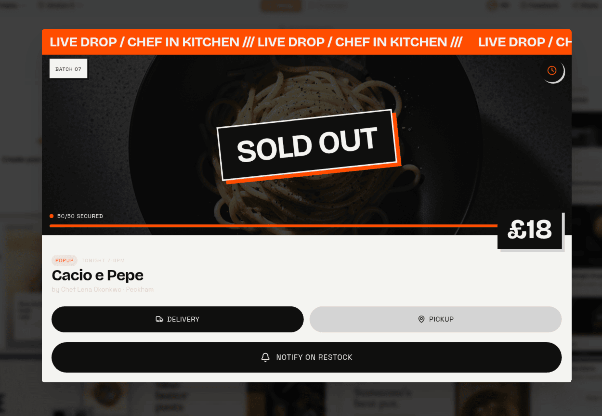 Mowgli moodboard direction — "Neo Bistro", orange live-drop ticker, SOLD OUT treatment, "Cacio e Pepe"