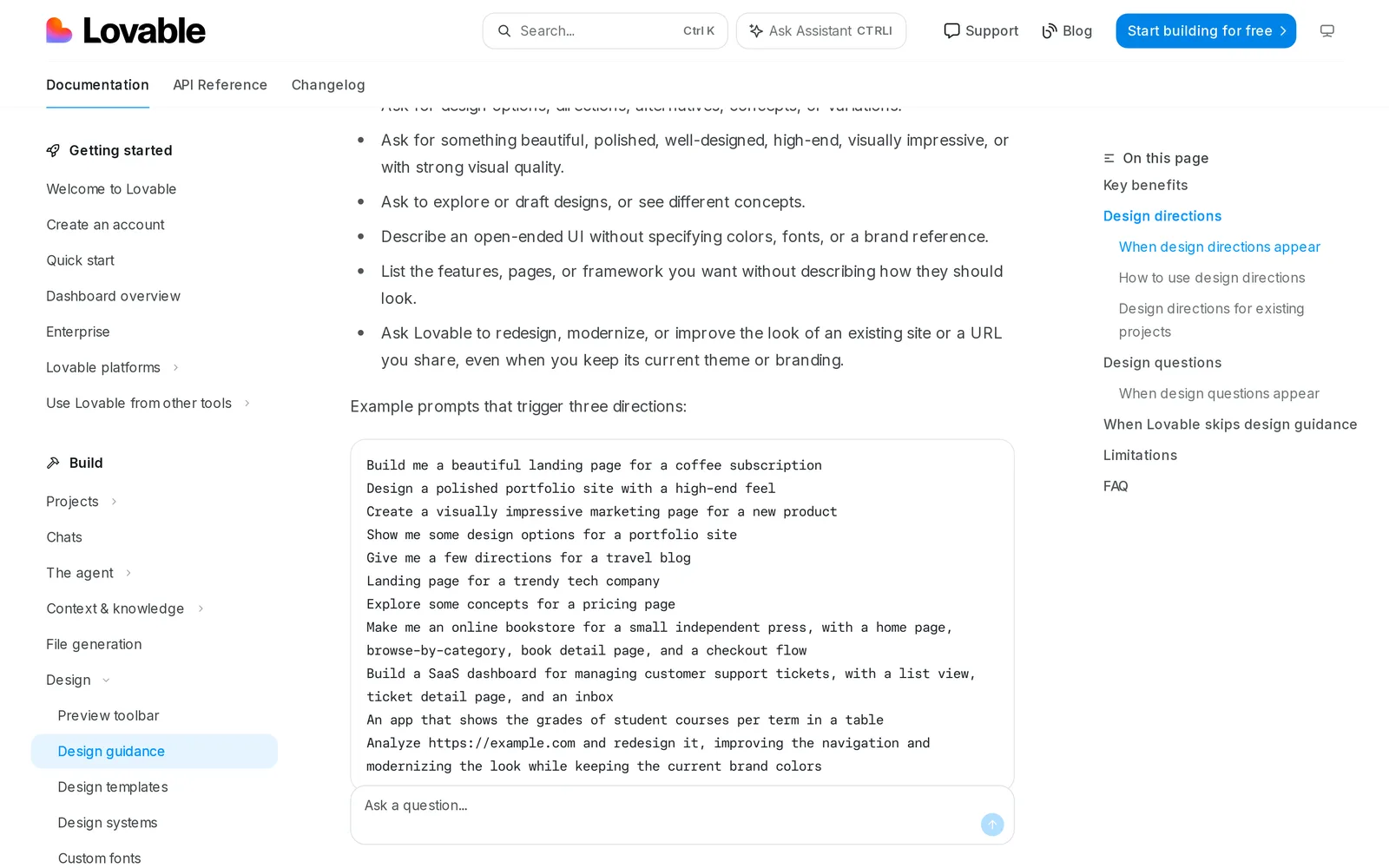 Lovable Design guidance docs listing redesign and modernize requests as triggers for three design directions