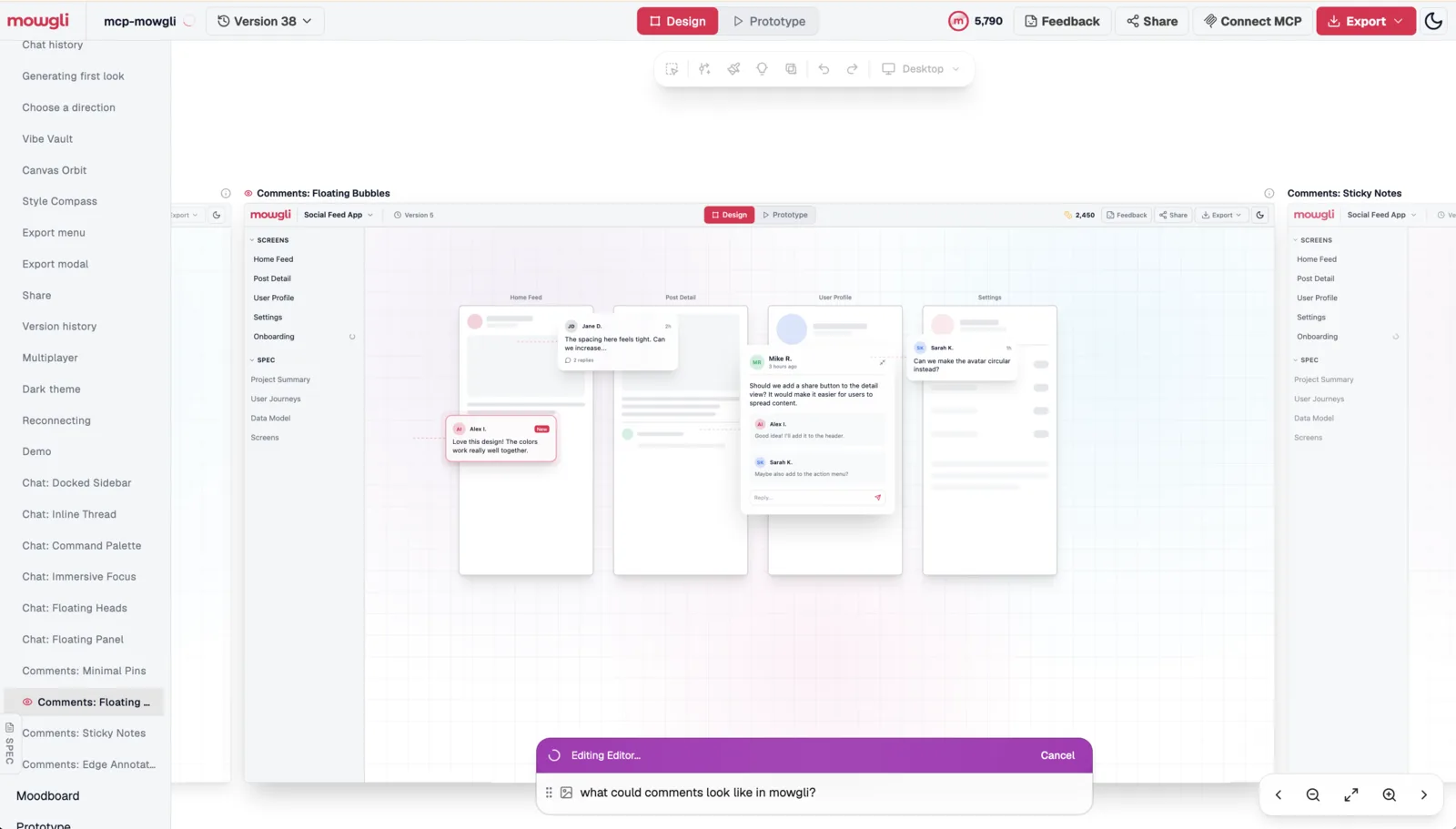 Mowgli's own app imported through MCP, with explored chat and comment variants listed in the sidebar