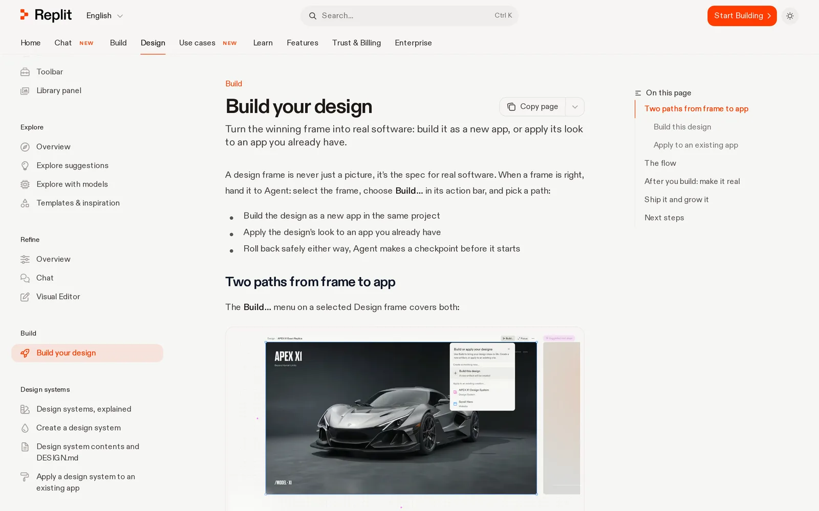 Replit Build your design docs: build a frame as a new app or apply its look to an app you already have