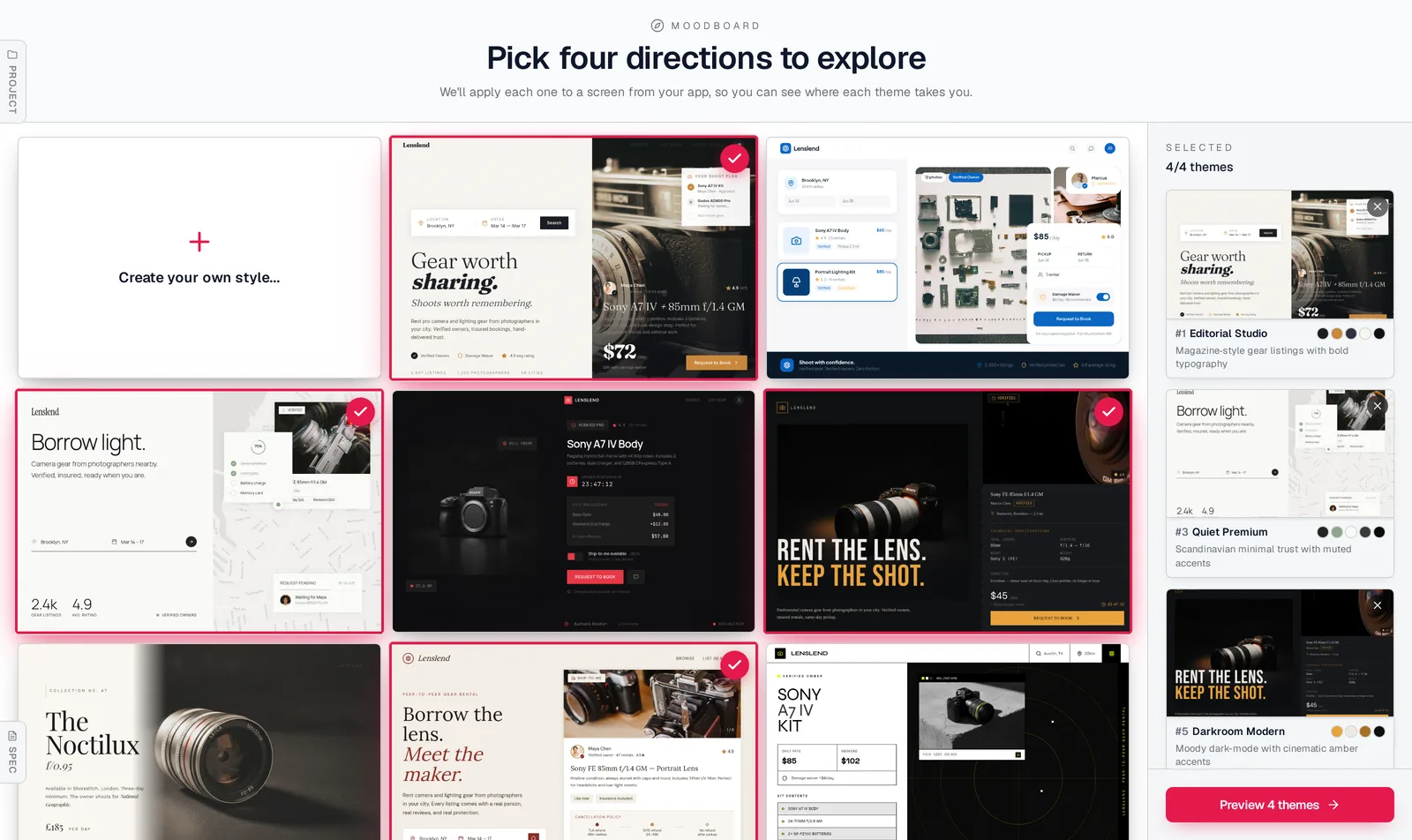 Mowgli moodboard titled Pick four directions to explore, showing a grid of distinct design directions for a camera gear rental marketplace, including editorial, Scandinavian minimal, dark cinematic and warm analog styles, with four selected in the right panel