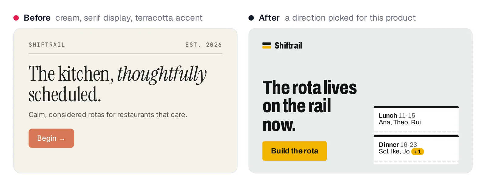 Before: a cream page with a hairline-ruled monospace header, a large serif headline with one italic word and a terracotta Begin button. After: the steel grey Shiftrail hero with a condensed headline, amber button and two shift tickets